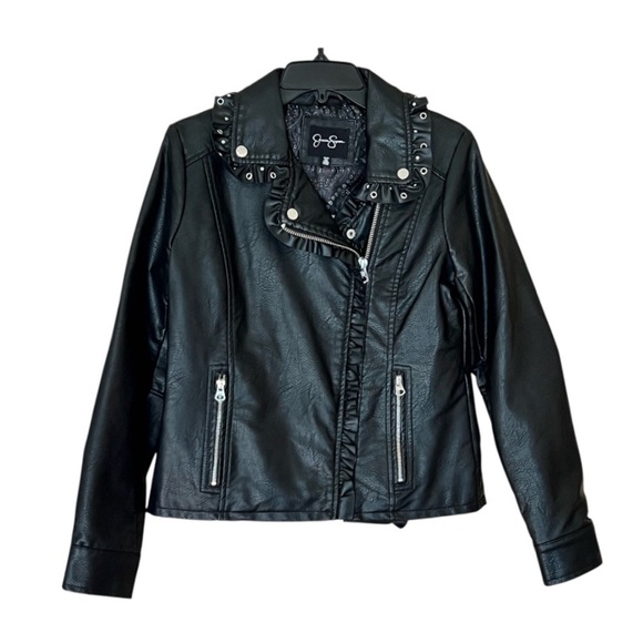 NWT Jessica Simpson Ruffled Black Faux Moto Leather Jacket Size Small - Picture 2 of 16
